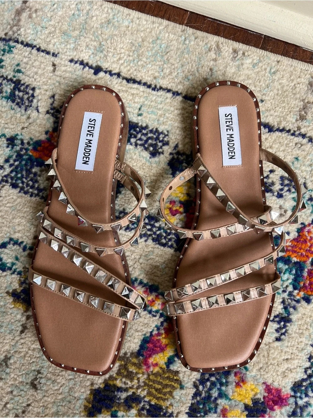 Steve Madden Skyler Studded Three-Band Slide Sandals in Tan size 8